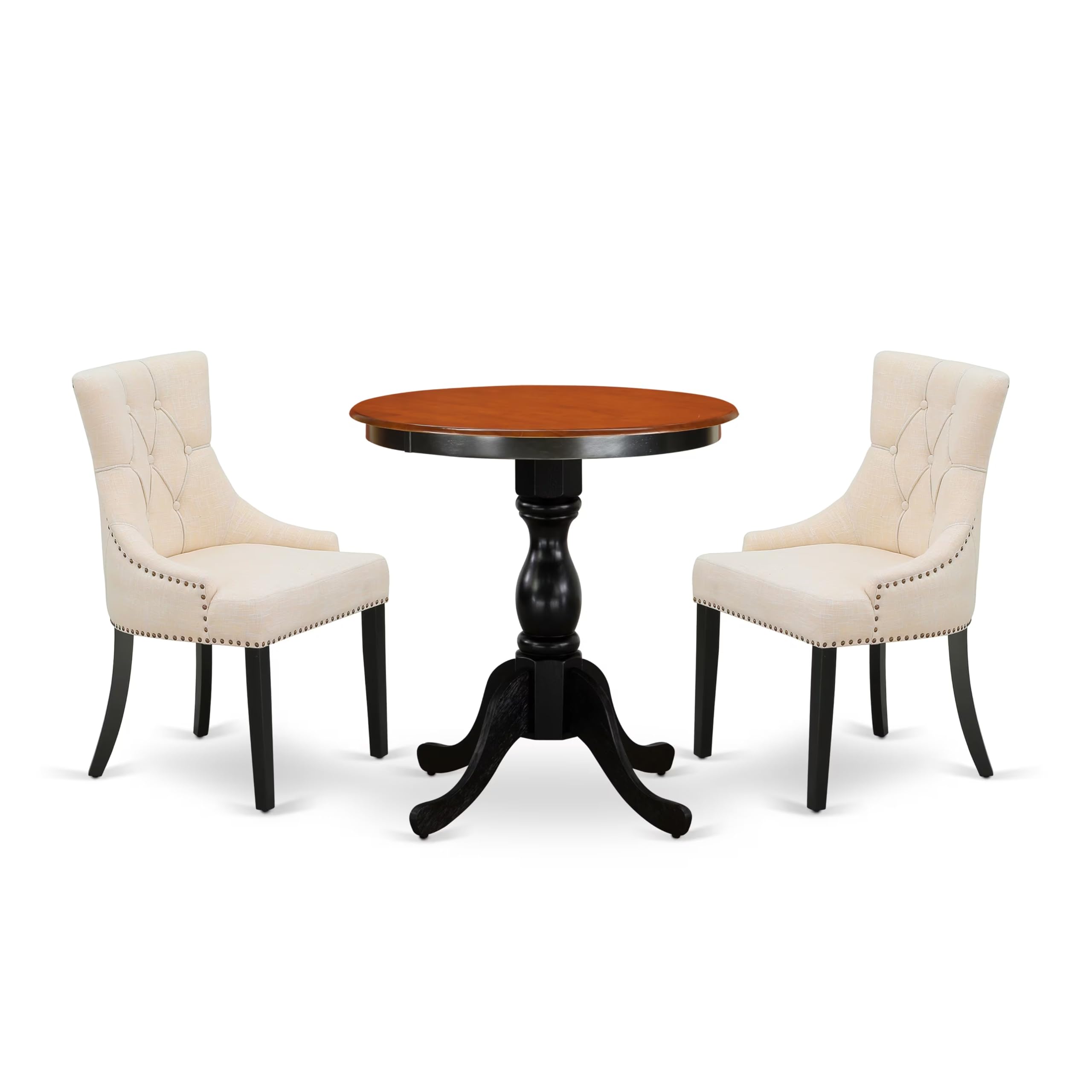 East West Furniture Esfr3-Mah-05 3 Piece Dinette Set For Small Spaces Contains A Round Dining Table With Pedestal And 2 Doeskin Linen Fabric Parsons Dining Chairs, 30X30 Inch, Mahogany